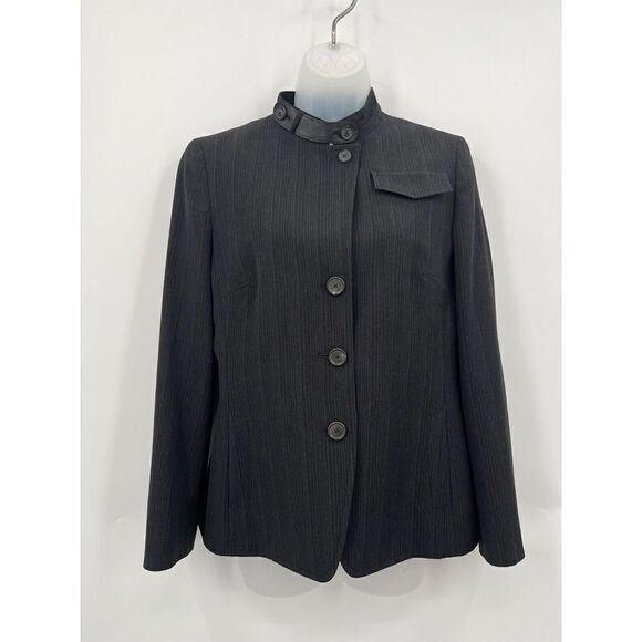 Akris Punto Blazer Women's Size 8 Black Grey Striped Wool Leather Jacket Evening - Picture 2 of 16